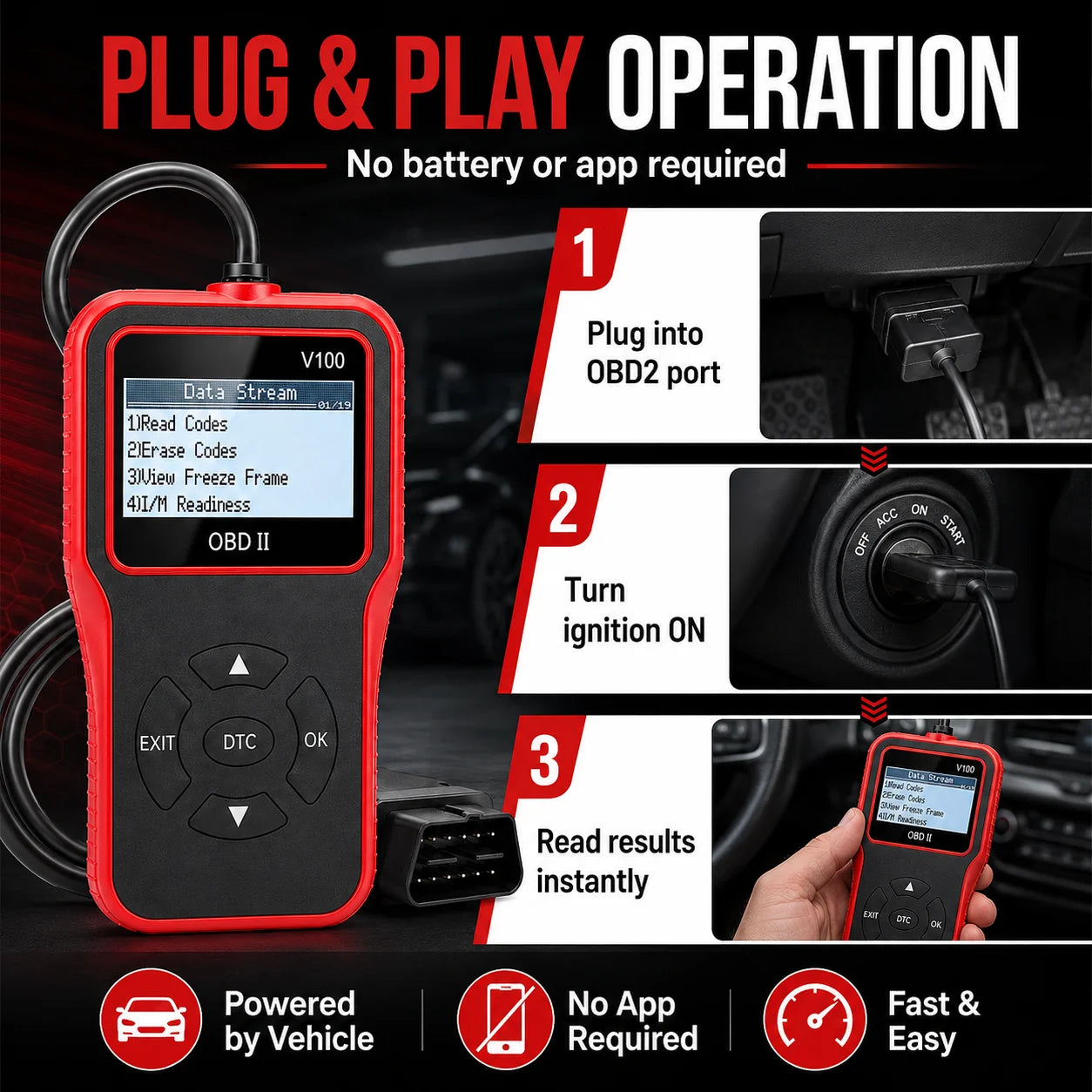 V100 OBD2 Scanner – Engine Fault Code Reader & Voltage Monitor