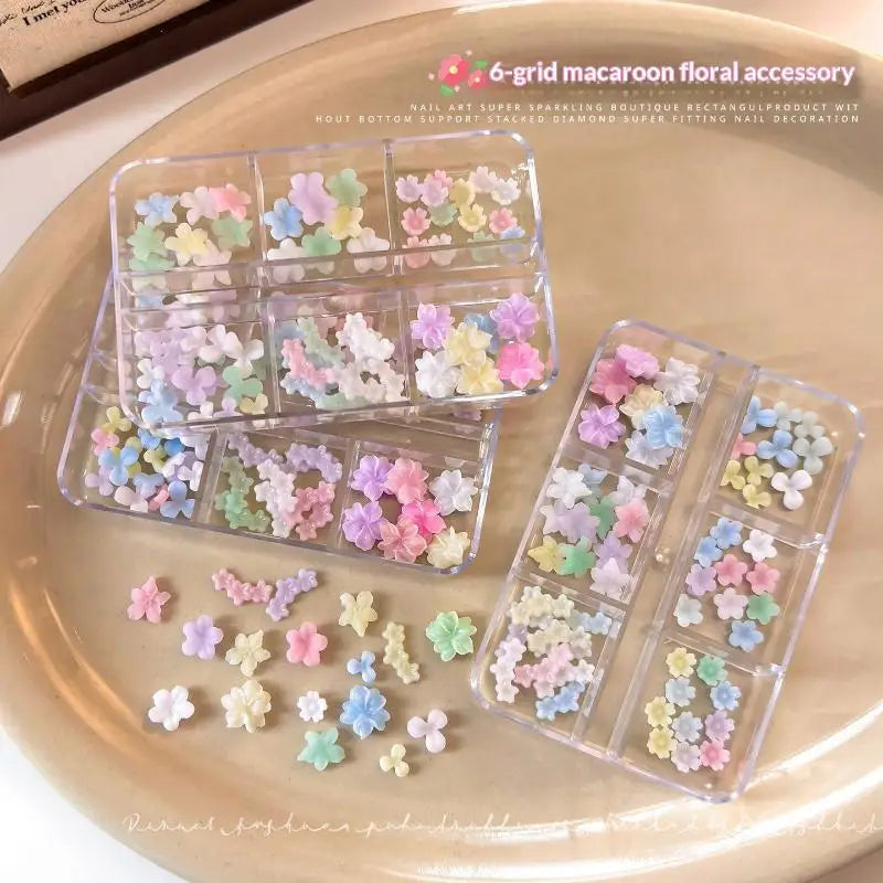 3D Pastel Macaron Flower Nail Charms – 6-Grid DIY Art Set
