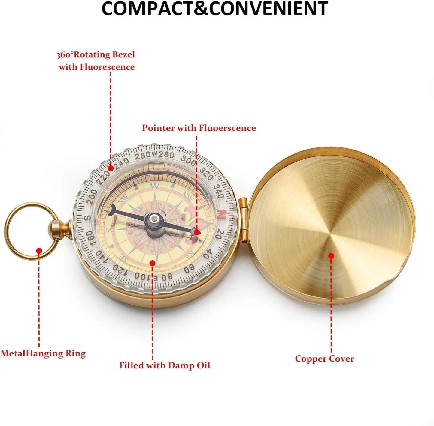 Camping Compass Metal Pocket Brass Golden Compass for Hiking Camping Hunting Outdoor Navigation Survival Tool Peaceful Pleasures Health and Wellness