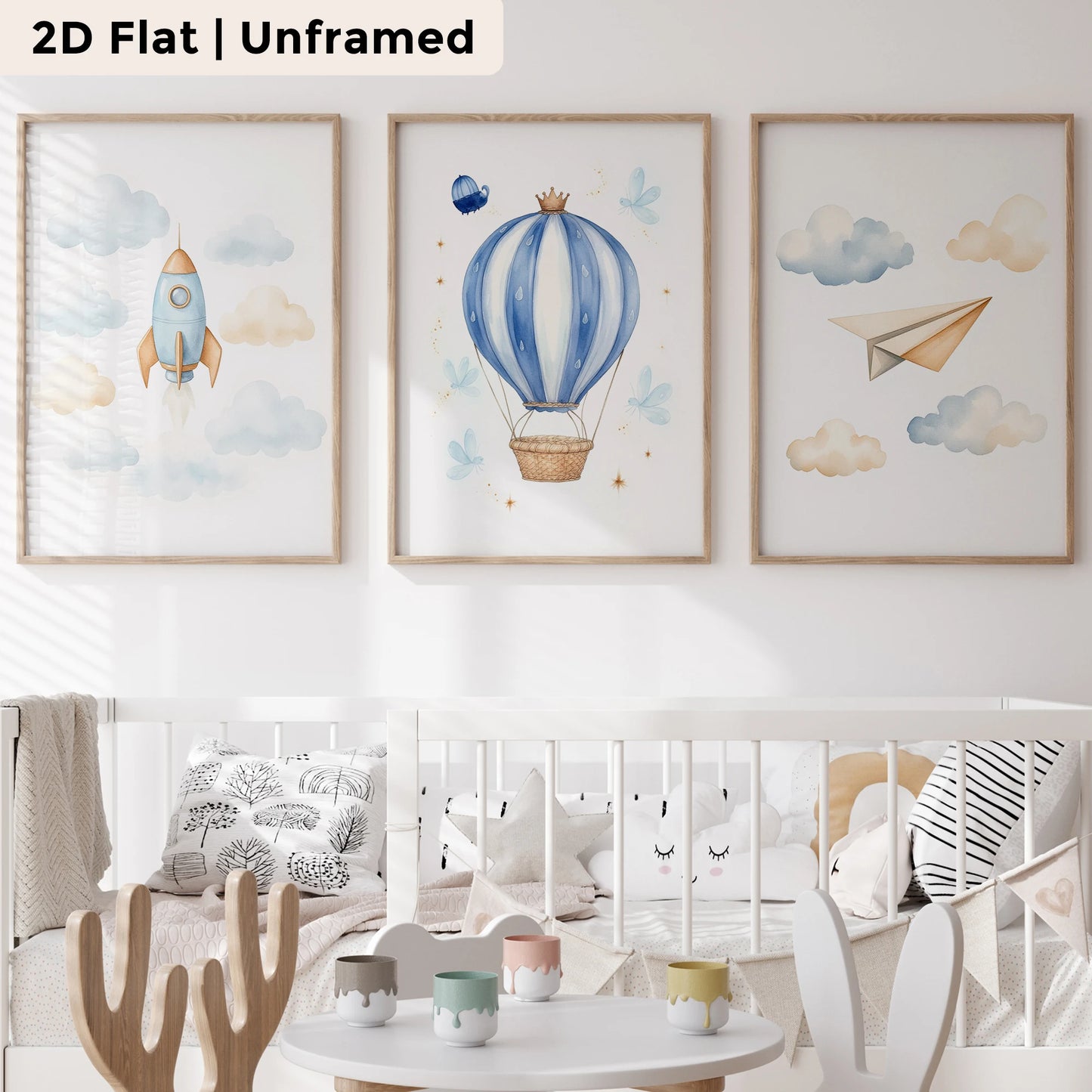 3-Piece Cartoon Rocket & Airplane Canvas Wall Art | Room Decor