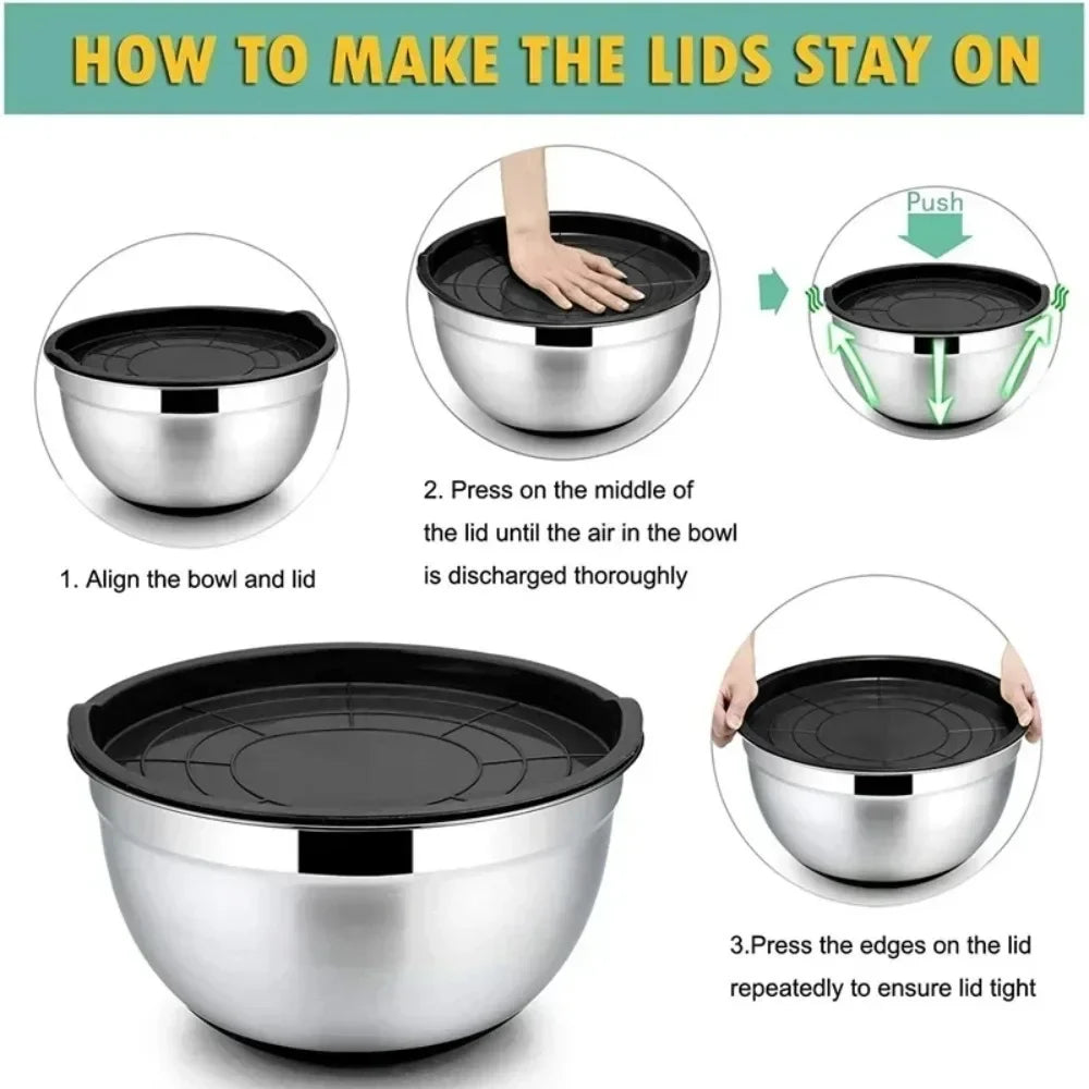 Stainless Steel Mixing Bowl with Lid – Non-Slip Silicone Bottom Salad & Egg Beating Bowl for Kitchen