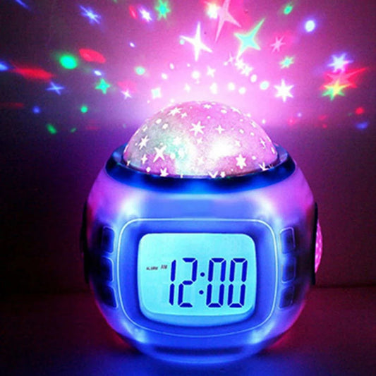 LED Alarm Clock with Star Sky Projection Light Color Changing Bedside Night Light for Kids Bedroom Peaceful Pleasures Health and Wellness White