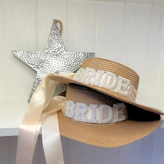 Bride Straw Hat Pearl Ribbon | Bridal Shower Bachelorette Gift Bridal Sun Hat Peaceful Pleasures Health and Wellness