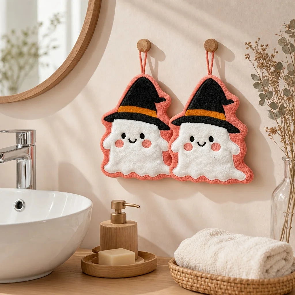 Halloween Cute Ghost Witch Hat Hanging Towel Soft Coral Velvet Quick