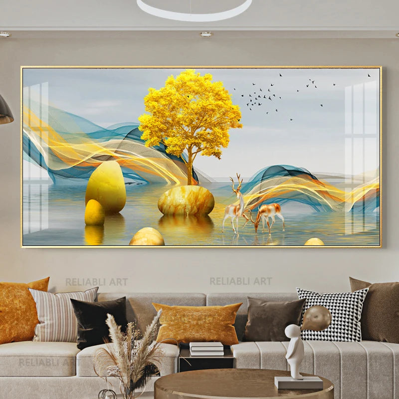 Chinese Feng Shui Golden Rich Tree Canvas Painting Wall Art Deer Landscape Lucky Stone Posters Wall Art for Living Room Decor Peaceful Pleasures Health and Wellness w2624 golden-9 20x40cm