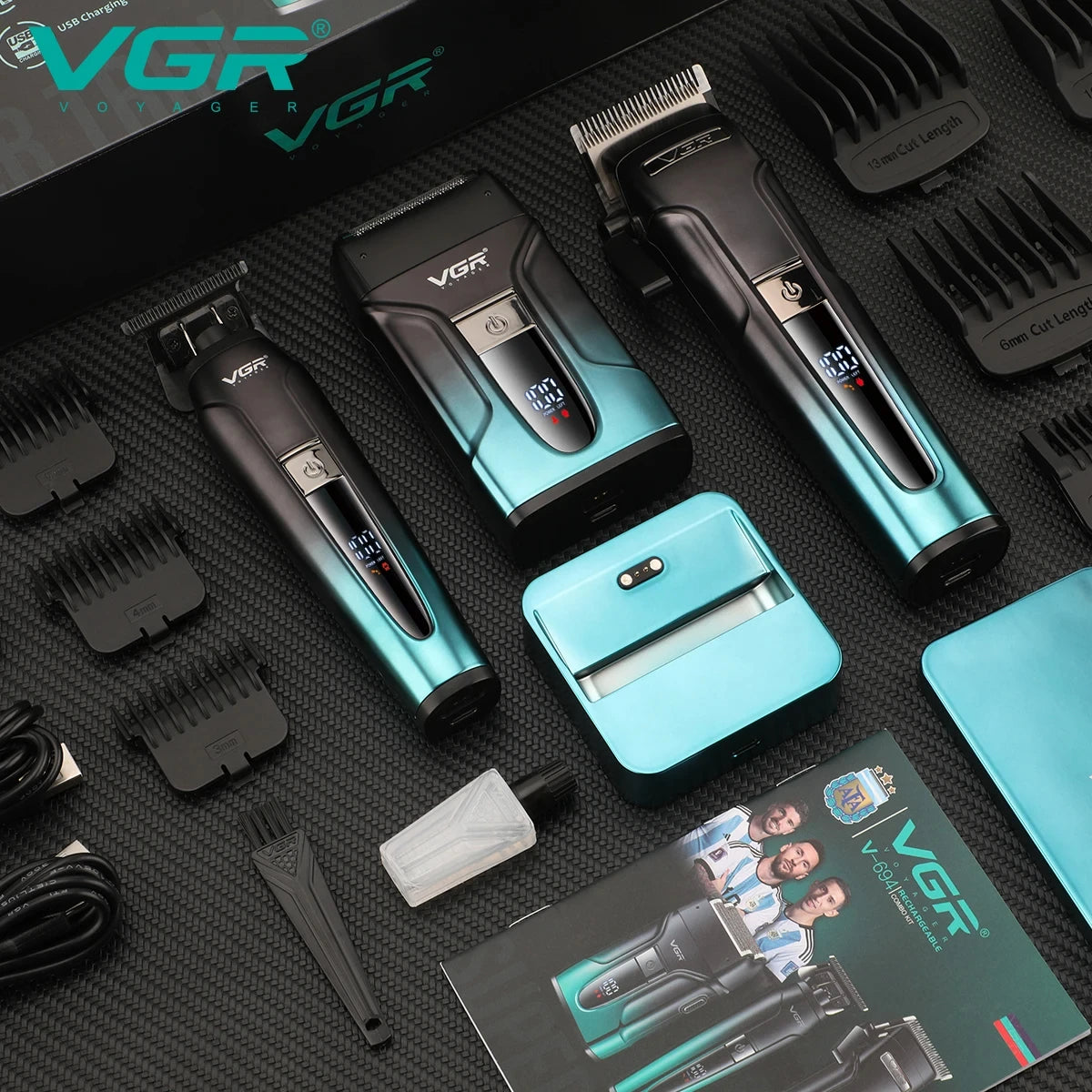 VGR 3-in-1 Hair Trimming Set Professional High end Electric Push Clipper Oil Head Carving Pusher LED Reciprocating Shaver V-694 Peaceful Pleasures Health and Wellness