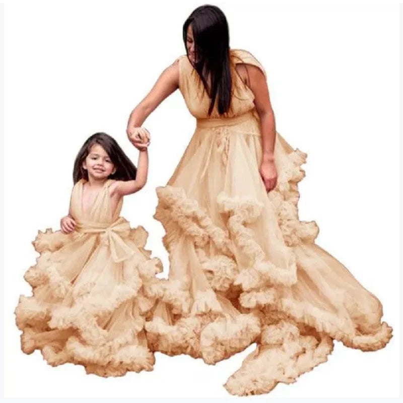Puffy Pink Mother And Daughter Matching Dresses For Family Look V Neck Ruffles Layered Photo Shoot Mom And Me Evening Outfits Peaceful Pleasures Health and Wellness champagne Kid-2T