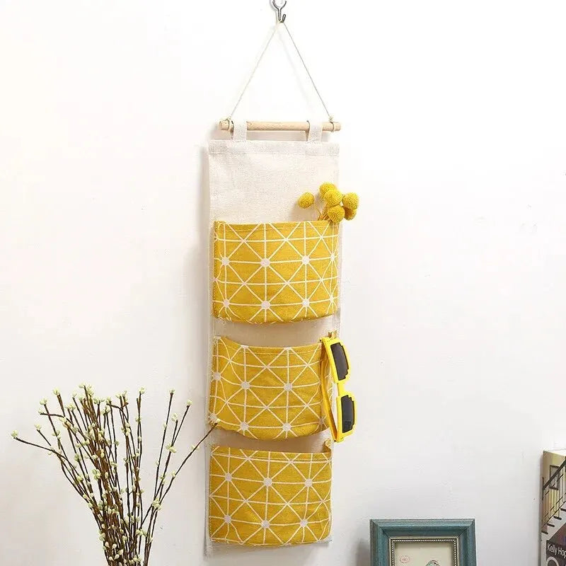 Cotton Linen Wall Hanging Storage Bag – 3-Pocket Organizer