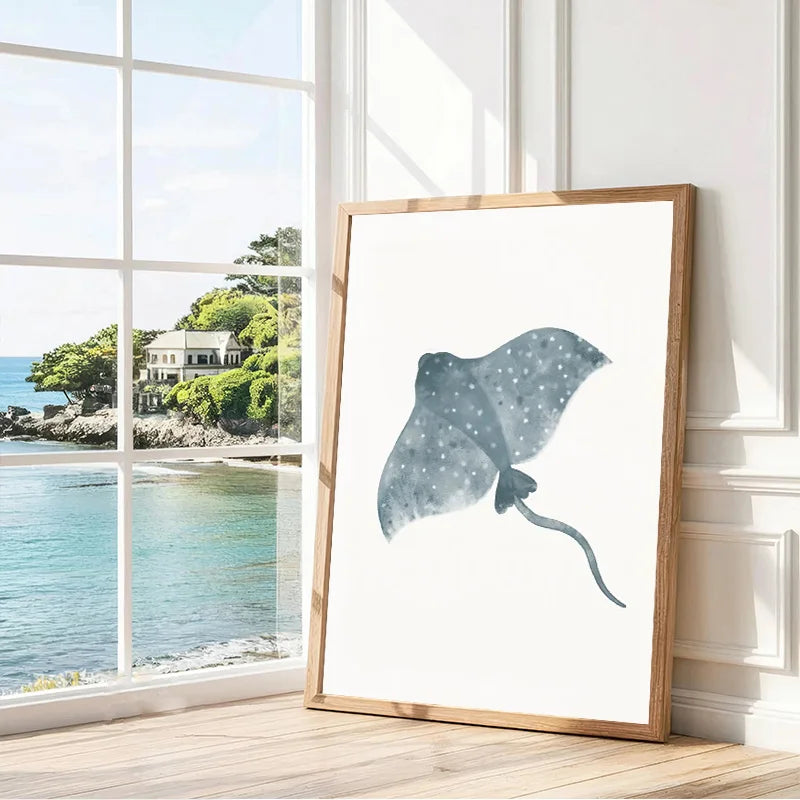 Ocean Animal Shark Turtle Dolphin Whale Fish Poster Watercolor Canvas Painting Print for Wall Living Room Nursery Home Decor Peaceful Pleasures Health and Wellness