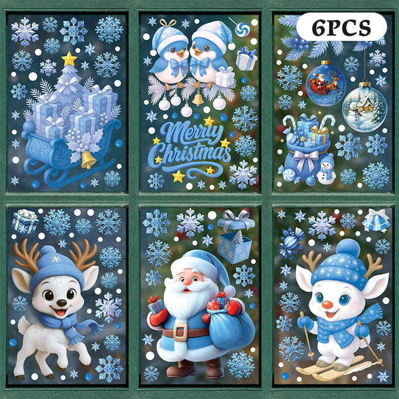Blue Christmas Window Clings – Santa, Snowflakes & Reindeer Set