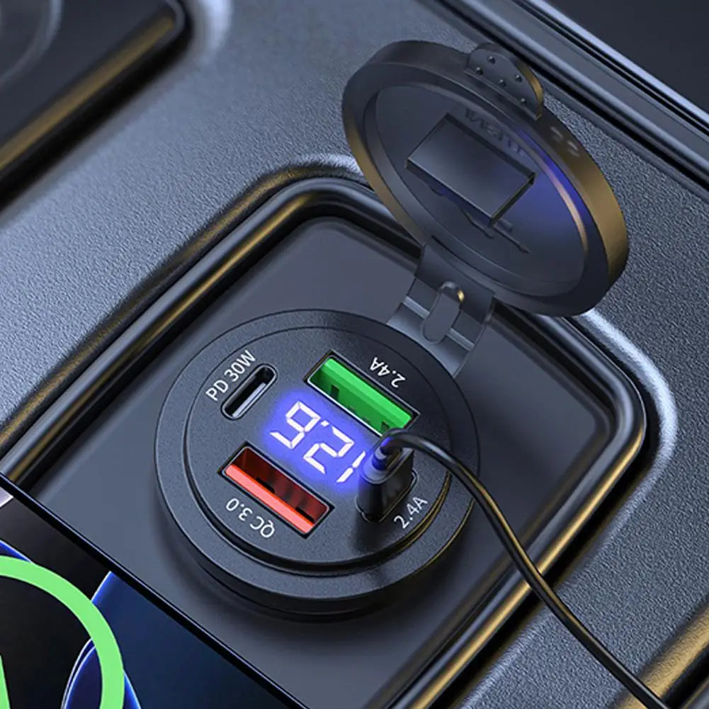 4-Port USB Car Charger 30W PD QC3.0 Fast Charging LED Display