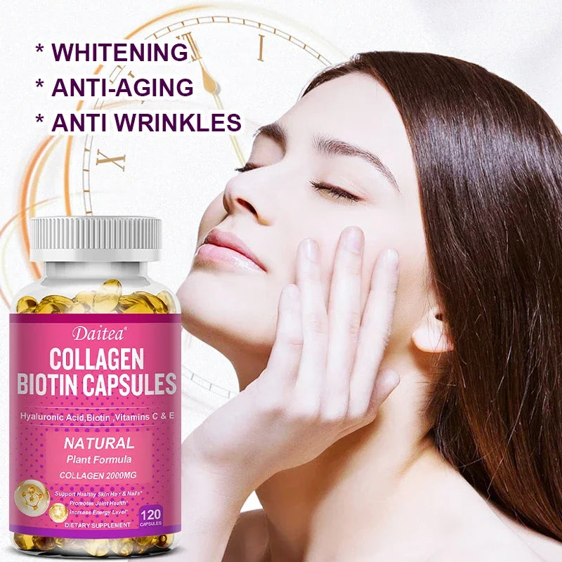 Collagen Biotin Supplement - Hyaluronic Acid Biotin Vitamin C E - Hair Skin Nails Joint Support and Energy Boost Vegan Capsules Peaceful Pleasures Health and Wellness