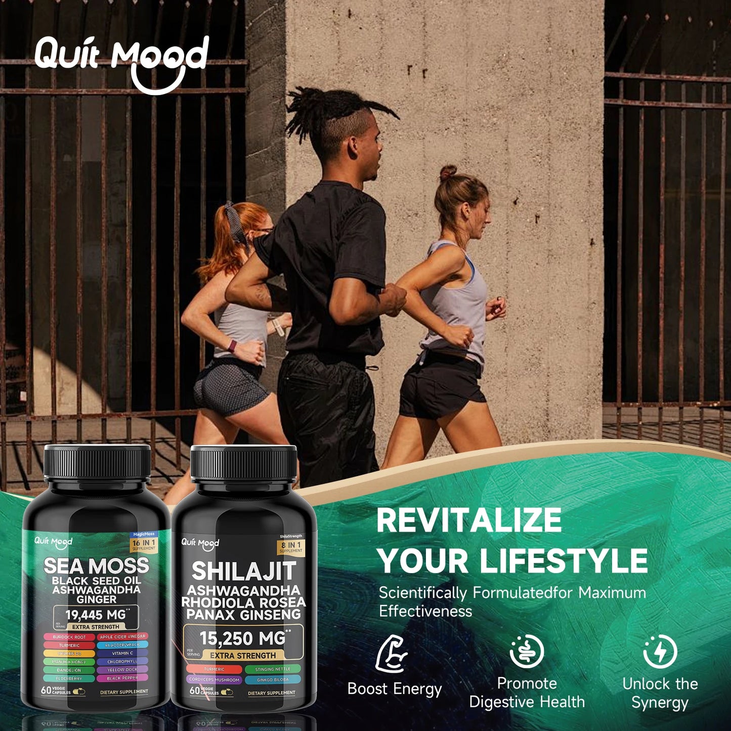 Quitmood Sea Moss Shilajit Energy Bundle for Man & Women, with Black Seed Oil, Ashwagandha, Ginger, Burdock Root, Turmeric Peaceful Pleasures Health and Wellness