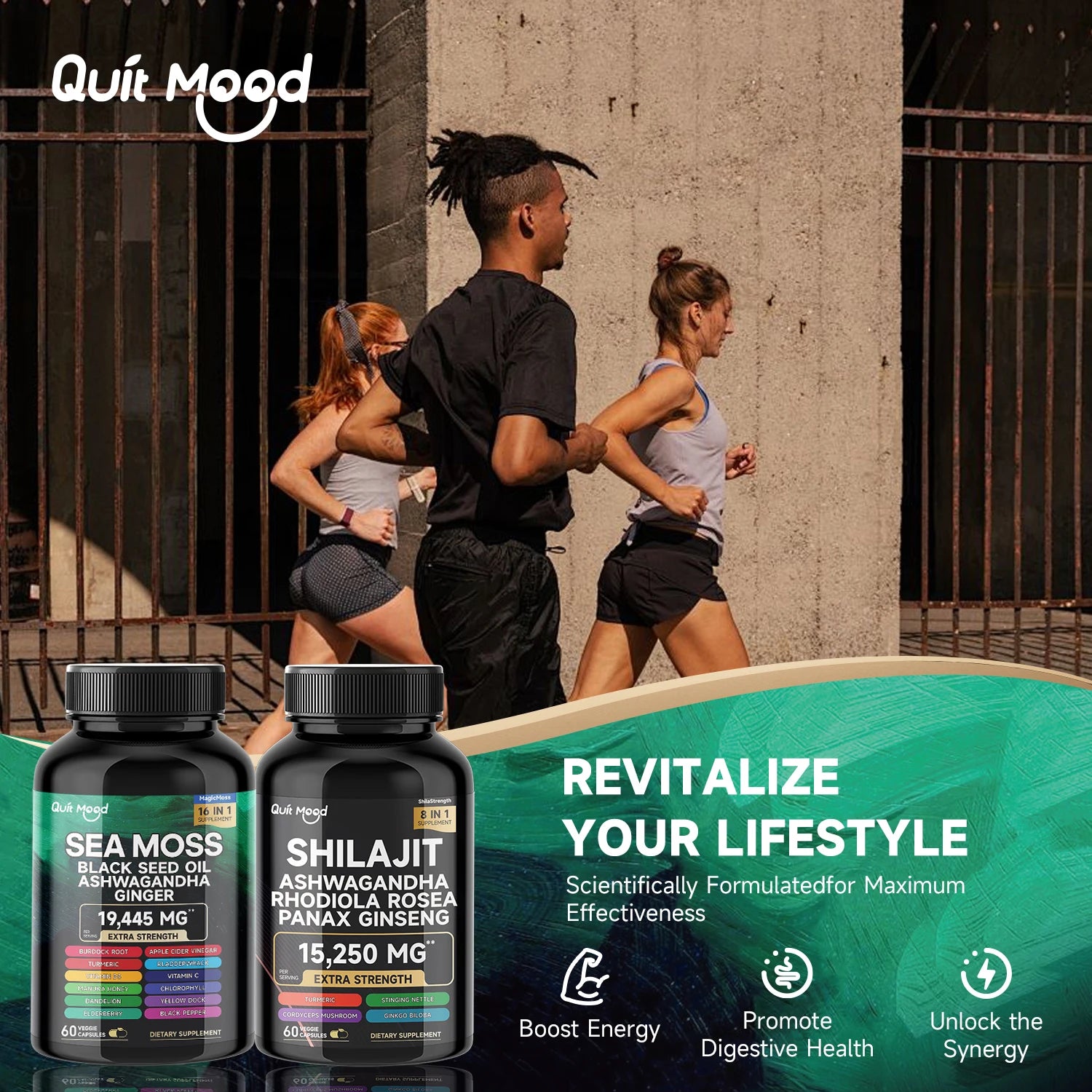 Quitmood Sea Moss Shilajit Energy Bundle for Man & Women, with Black Seed Oil, Ashwagandha, Ginger, Burdock Root, Turmeric Peaceful Pleasures Health and Wellness
