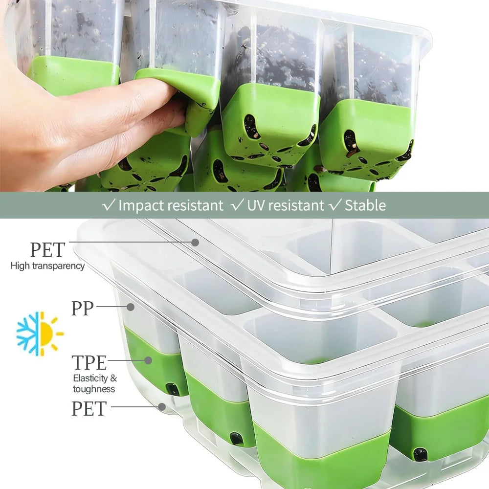 12-cell Seedling Starter Tray with Transparent Cover Garden Greenhouse Growth Potting Adjustable Humidity Germination Box Indoor Peaceful Pleasures Health and Wellness
