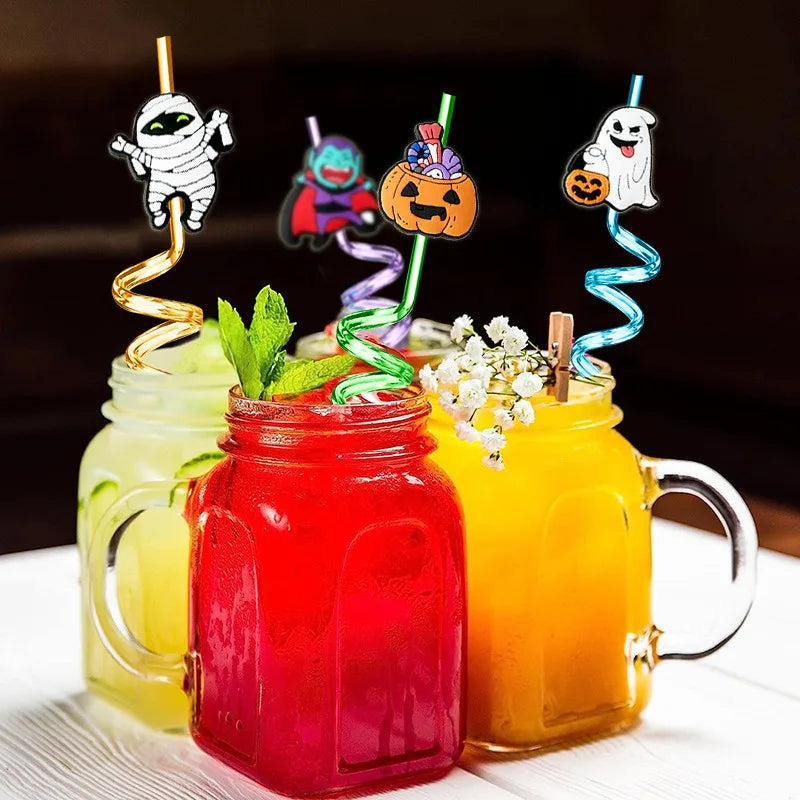 8pcs 27cm Plastic Halloween Straw Reusable Miner Plastic Spiral Drinking Straws Kids Birthday Party Decorations Juice Straws Peaceful Pleasures Health and Wellness