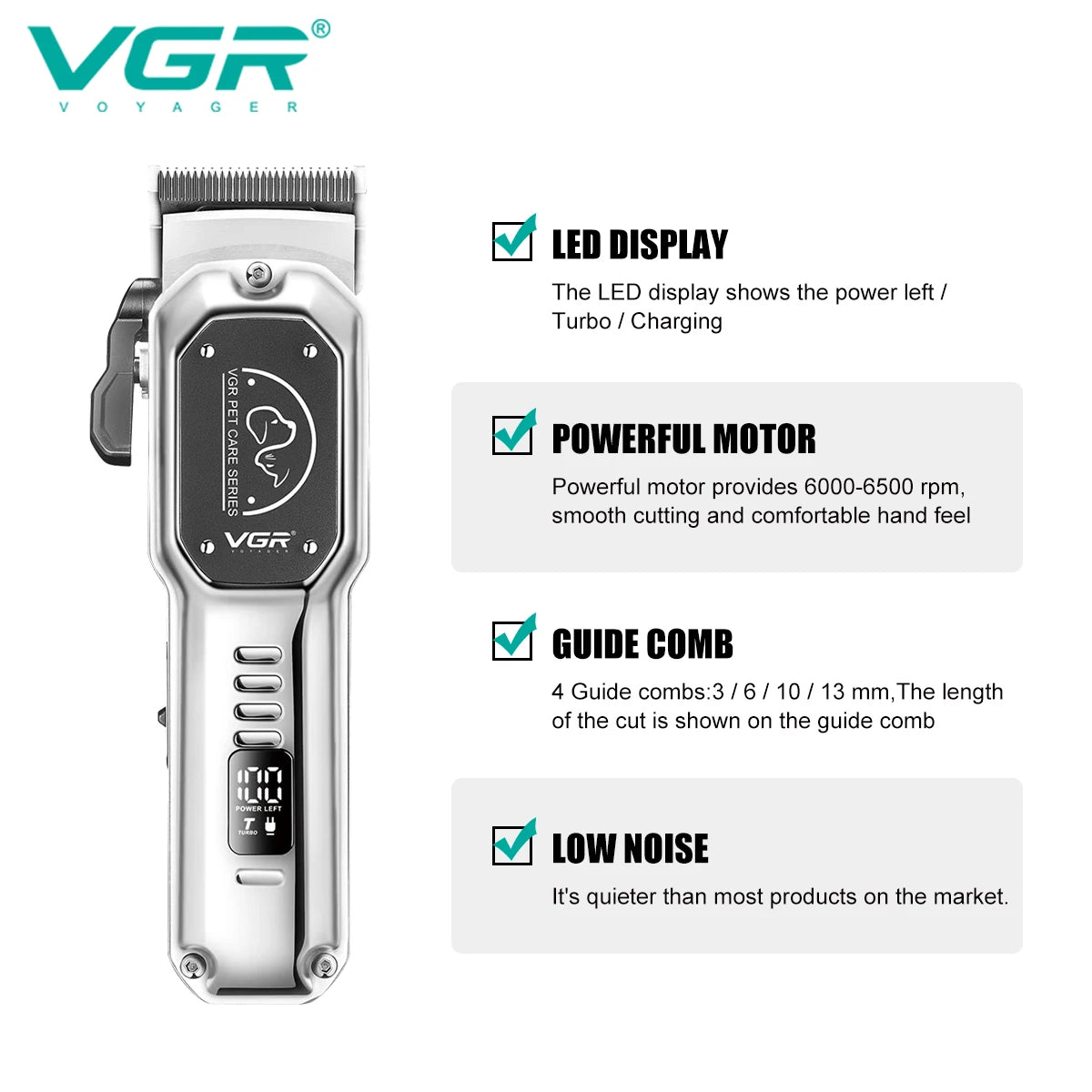 VGR Electric Pet Hair Trimmer Professional Dog Shaver Household Pet Hair Trimmer Metal LED Digital Pet Push Clipper V-201 Peaceful Pleasures Health and Wellness