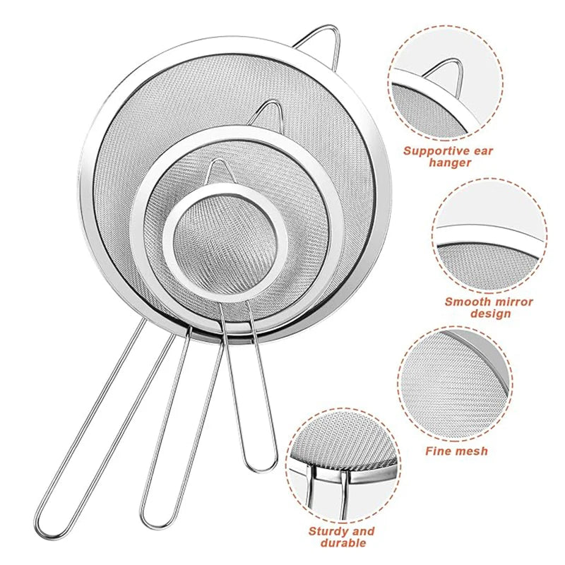 3-Piece Stainless Steel Mesh Strainer Set | Small Medium Large Kitchen Mesh Strainer Set Peaceful Pleasures Health and Wellness