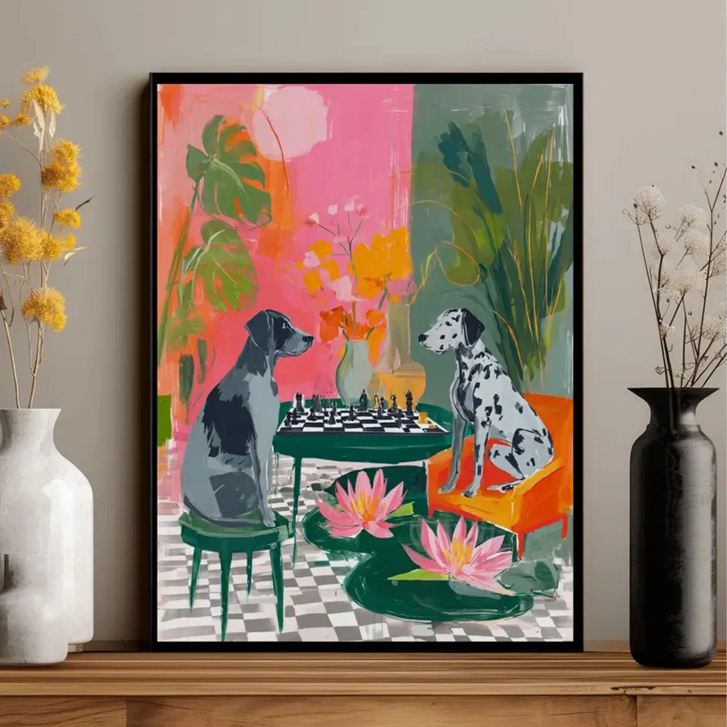 Colorful Dogs Chess Canvas Wall Art Print | Home Decor