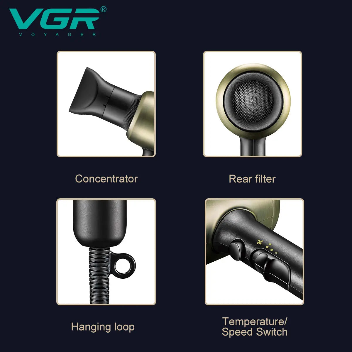 VGR professional hair dryer does not damage hair, strong wind speed dry 1800-2200W hair salon home styling air duct V-453 Peaceful Pleasures Health and Wellness