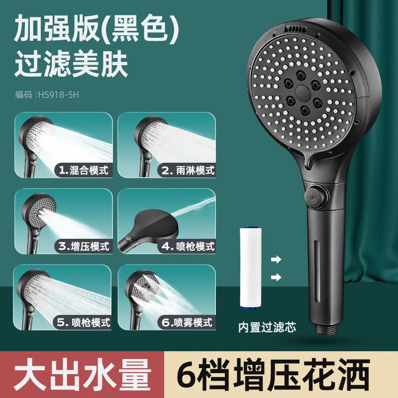 6-Mode High Pressure Handheld Shower Head with Filter & Stop