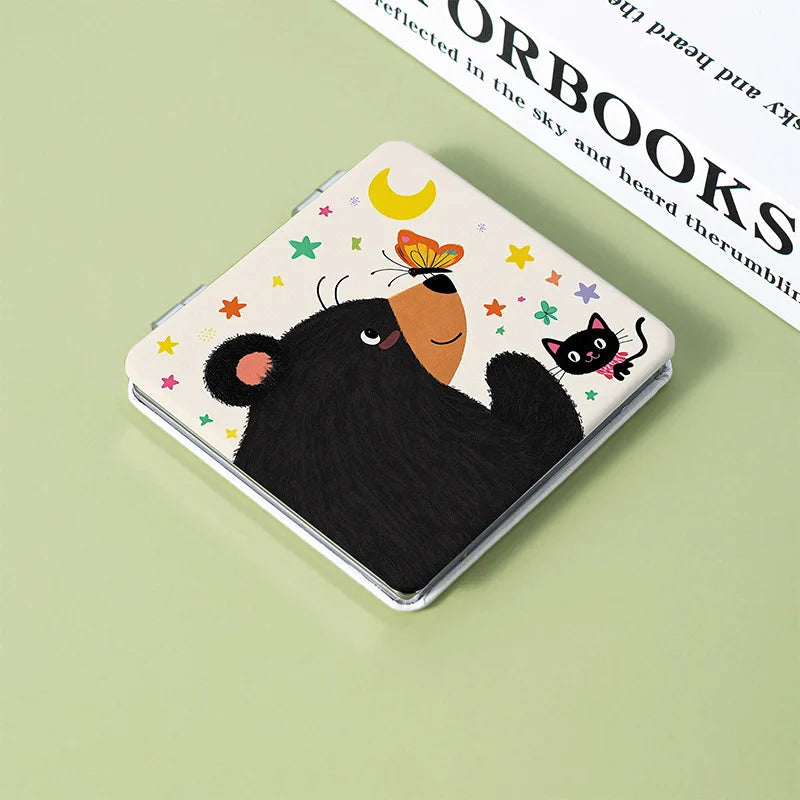 Kitten & Bear Cartoon Folding Makeup Mirror – Double Sided