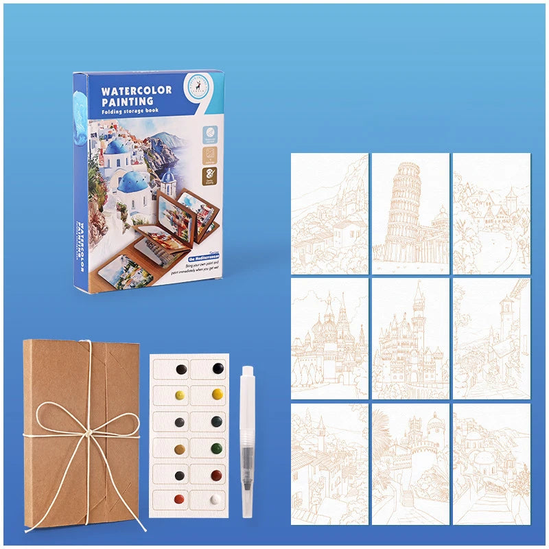 9 Sheets Watercolor Painting Thick Folding Storage Book Pen Holiday