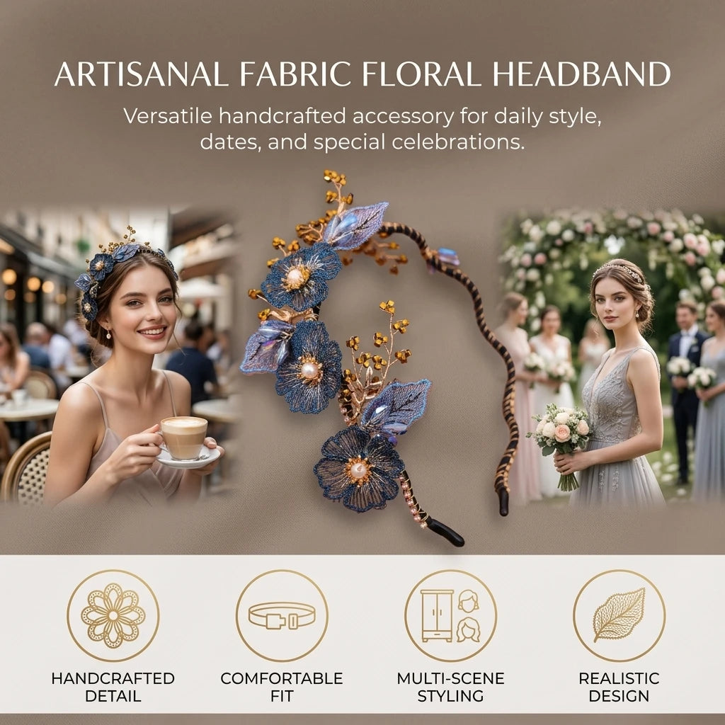 Fabric Flower Headband With Artificial Leaves For Women 38cm Elastic Design Peaceful Pleasures Health and Wellness