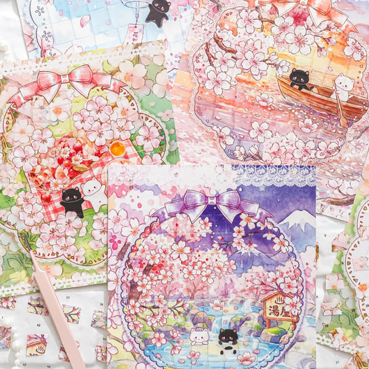 Cute Cat Cherry Blossom Rain Series Puzzle Stickers Four Theme Peaceful Pleasures Health and Wellness