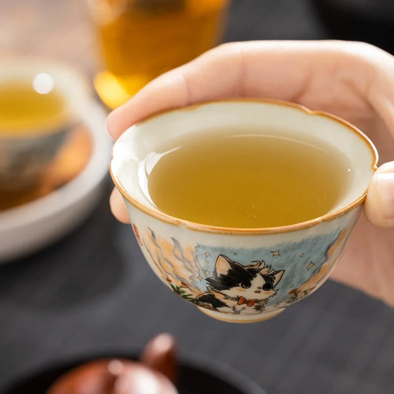 Ceramics Lovely Cat Your Ru Kiln Sunflower Mouth Teacup Master Cup Ceramic Personal Special Tasting Cup Ice Crack Glaze Tea Bowl Peaceful Pleasures Health and Wellness