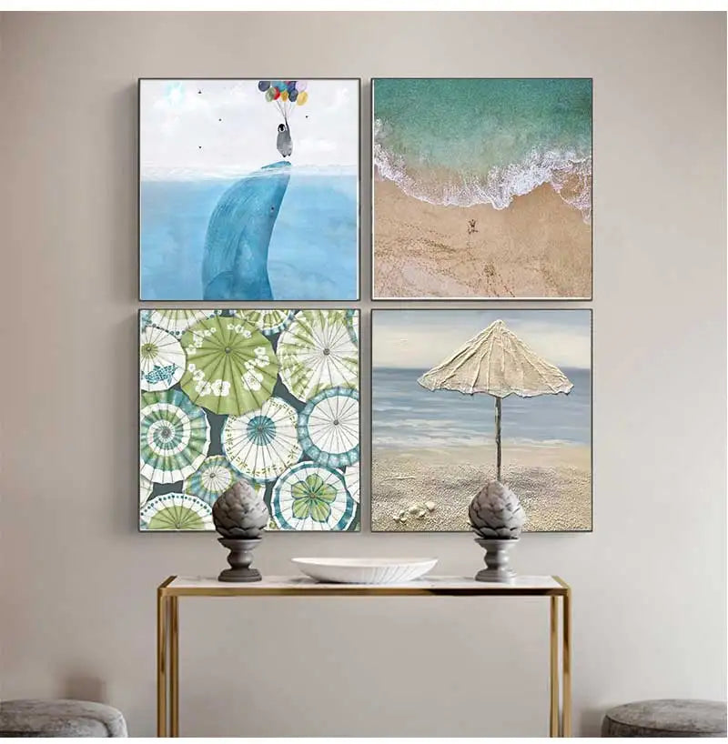 Coastal Beach Watercolor Canvas Wall Art | Frameless Poster Print Canvas Wall Art Peaceful Pleasures Health and Wellness