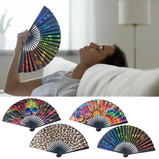 23cm Large Folding Hand Rave Fan Chinease/Japanese Gradient Colorful Reflective Foldable Fan Music Festival Fan Dance Fan Gifts Peaceful Pleasures Health and Wellness