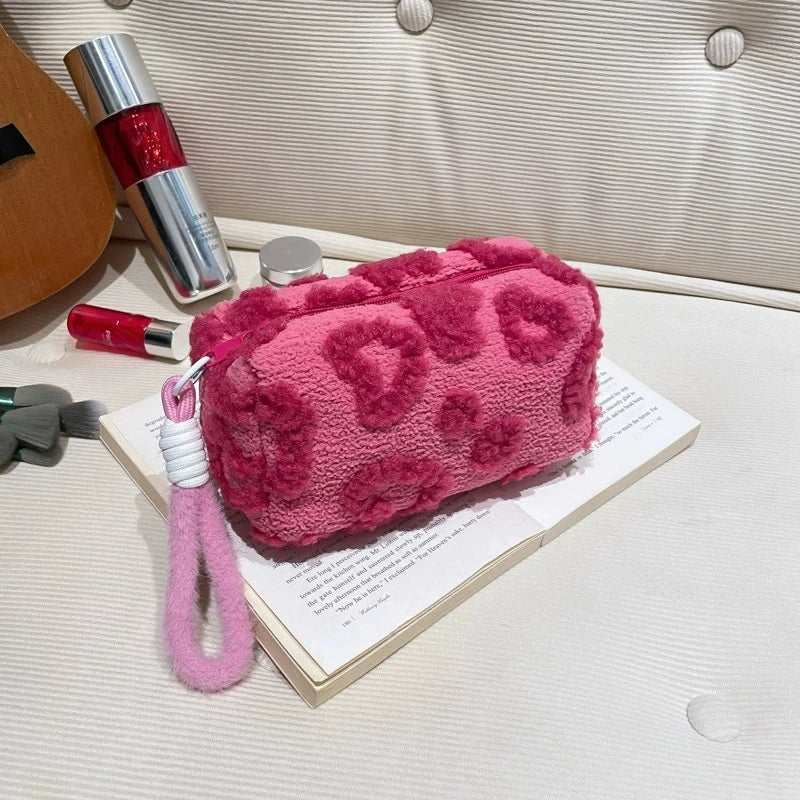 Plush Makeup Bag with Handle | Love Print Travel Cosmetic Pouch