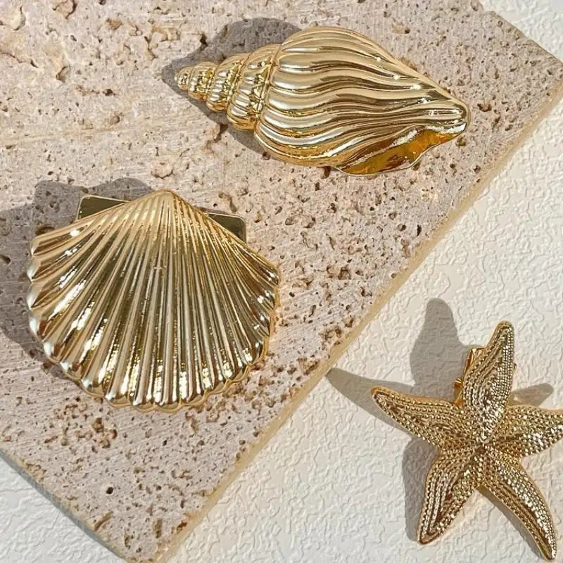 3-Pack Ocean Gold Hair Clips – Starfish, Shell & Conch