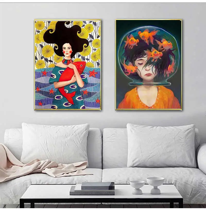Nordic Cartoon Girl & Fish Abstract Canvas Wall Art Print