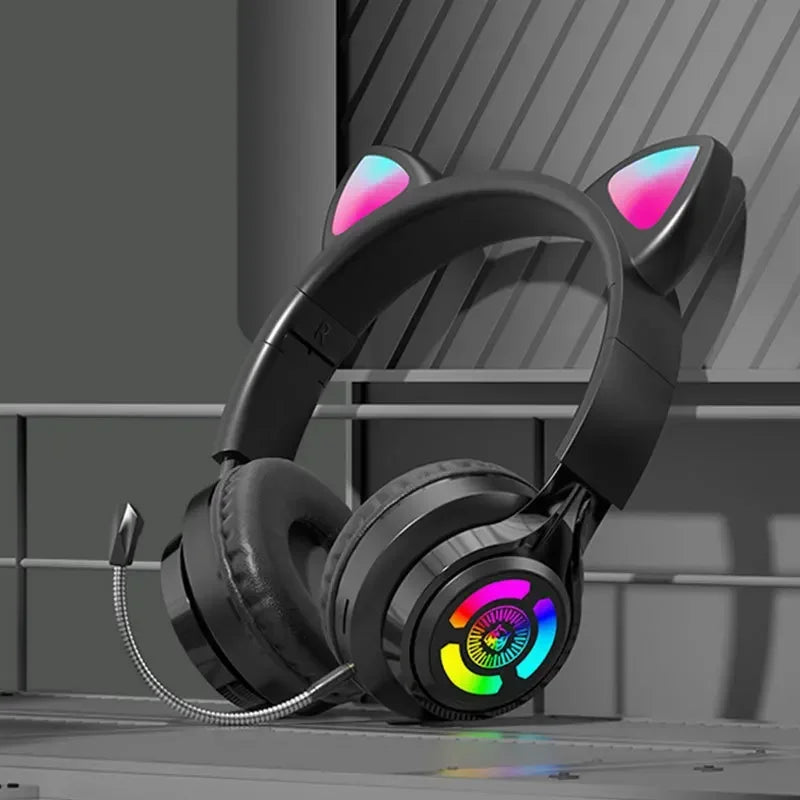 RGB Lighting Headphone For PC Computer iPad Cat Ear Gaming Headset Noise Reduction Headphones With Microphone Children Gift Peaceful Pleasures Health and Wellness black