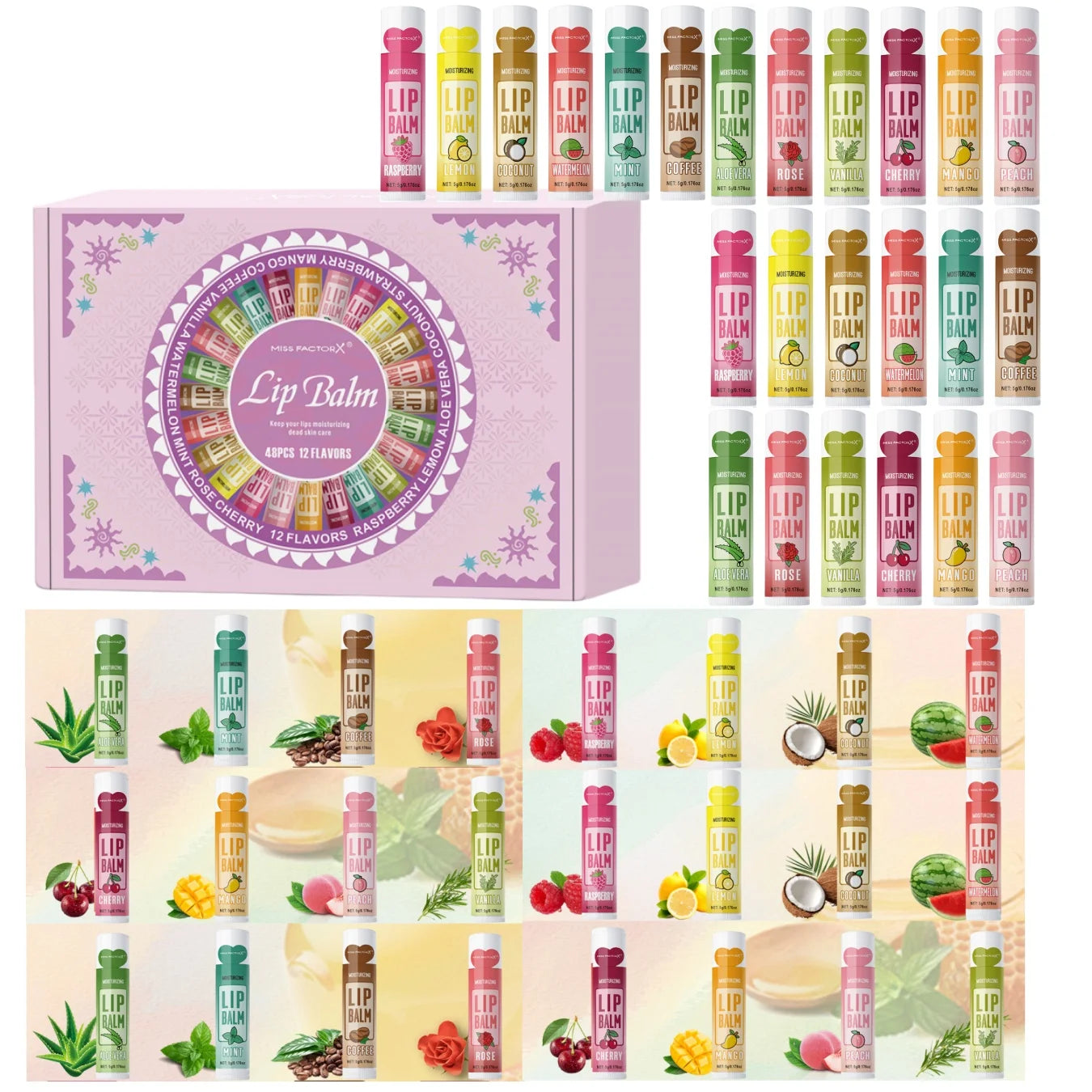 48PCS/ box Moisturizing Lip Balm set 5g12 Flower fragrance Natural fragrance moisturizing and brightening lip color holiday gift Peaceful Pleasures Health and Wellness 48PCS Lip Balm set
