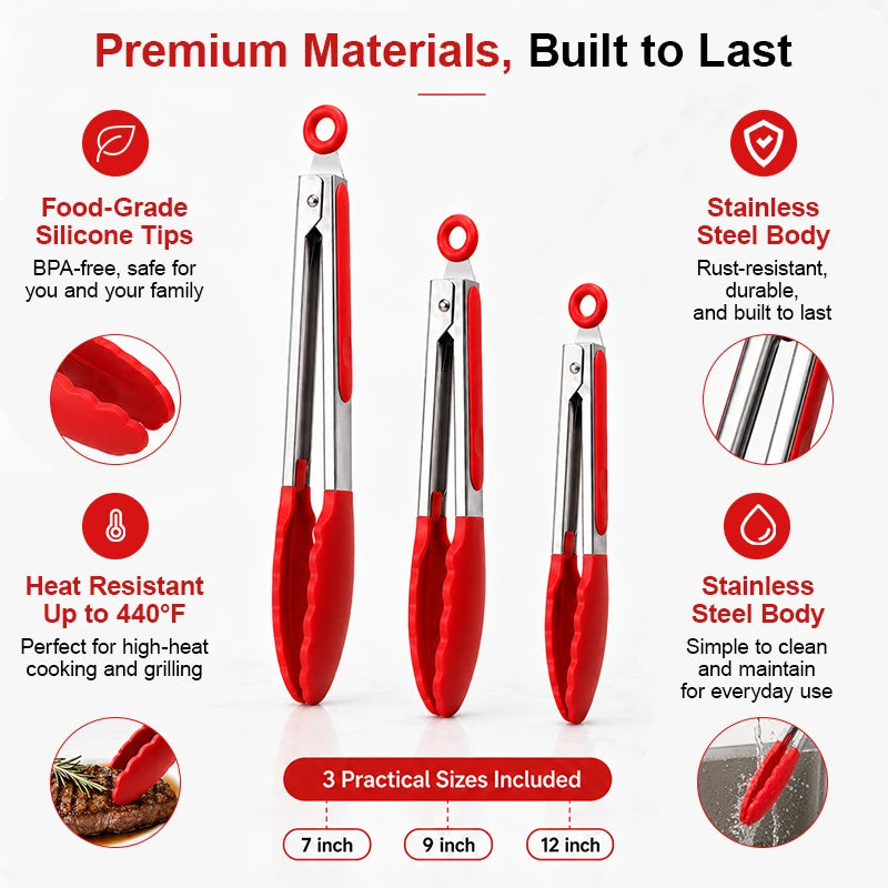 Silicone Tip Kitchen Tongs Set 3 Sizes – BBQ & Cooking Tongs