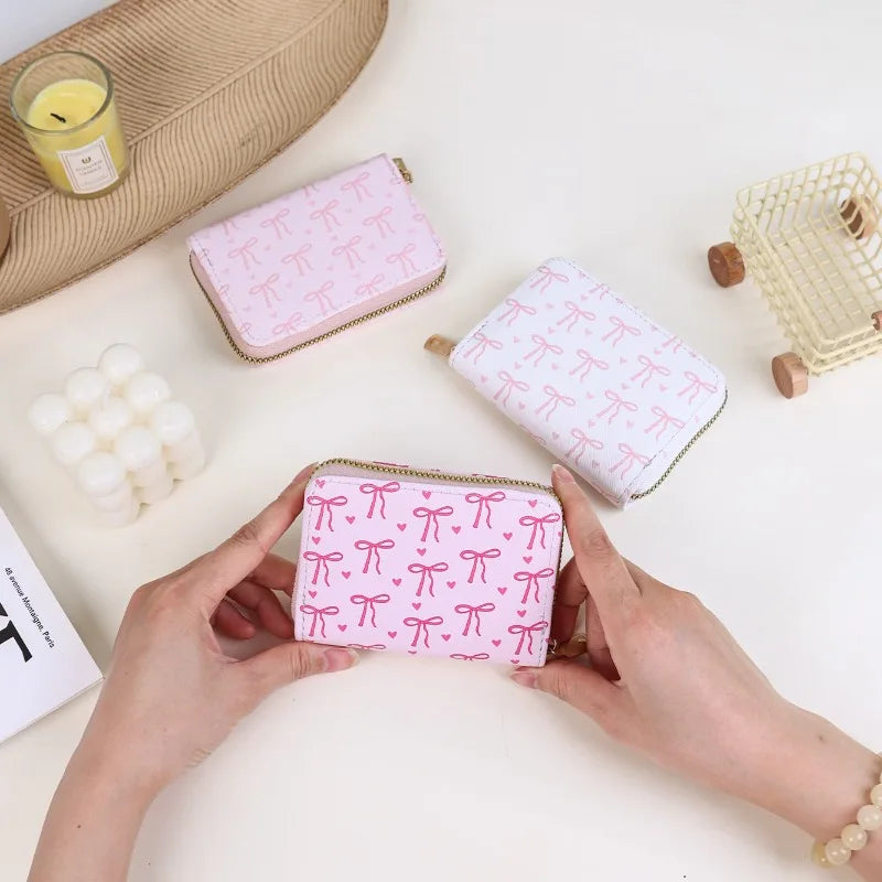 Korean style Multi-slots Zipper Mini Coin Purse Pink Sweet Bowknot Card Holder Women Girls PU Leather Portable Travel Wallet Peaceful Pleasures Health and Wellness