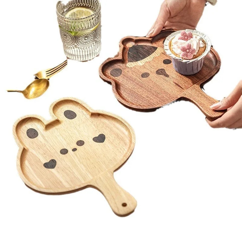 Wooden Cartoon Bear & Rabbit Children’s Serving Tray with Handle | Leaf Shape – Afternoon Tea, Fruit & Dessert