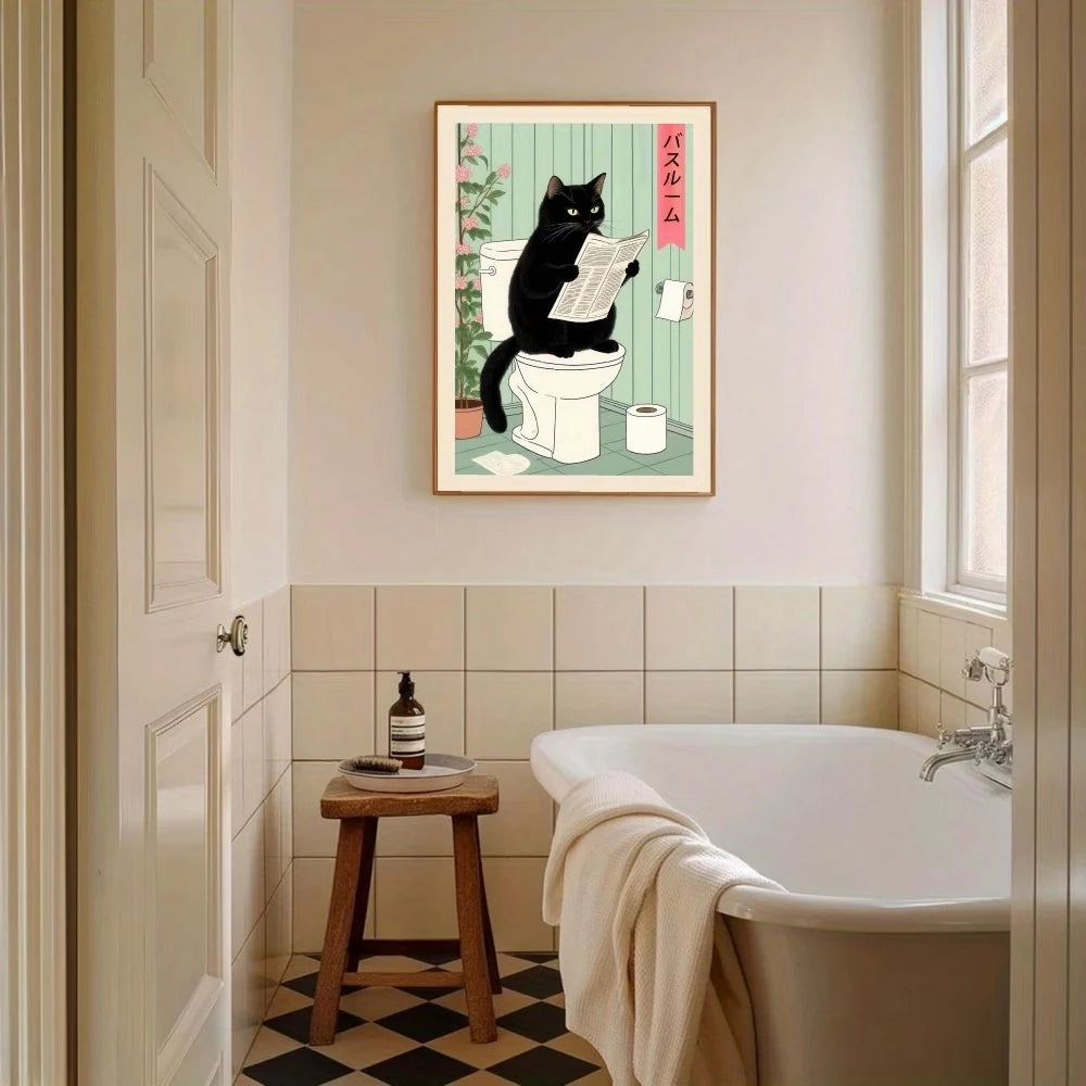 Modern,Retro Interesting Toilet Cat Wall Art Print Canvas Painting Poster Picture For Living Room,Bedroom Home Decor Peaceful Pleasures Health and Wellness