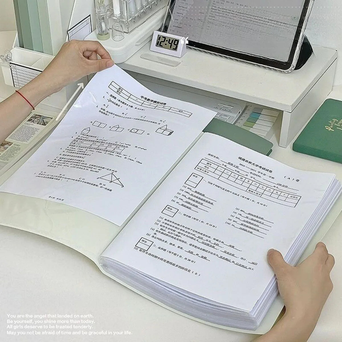 A4 Data Book Green Gradient Color Folder Student Exam Paper Storage Book Large Capacity 30 Pages Practical Office Supplies New Peaceful Pleasures Health and Wellness