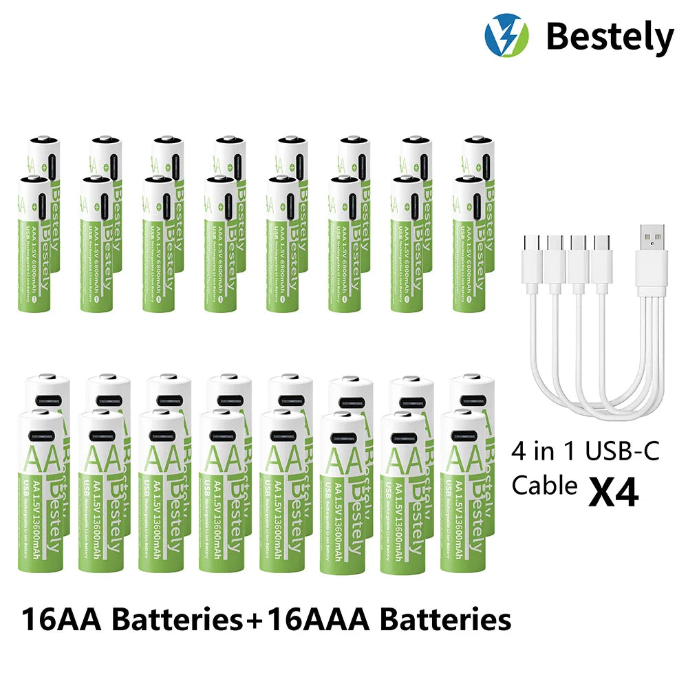 1.5V AA 13600mAh + AAA 6800mAh Rechargeable Lithium Battery Set with USB-C Fast Charging Type C Cable Peaceful Pleasures Health and Wellness 16AA 16AAA