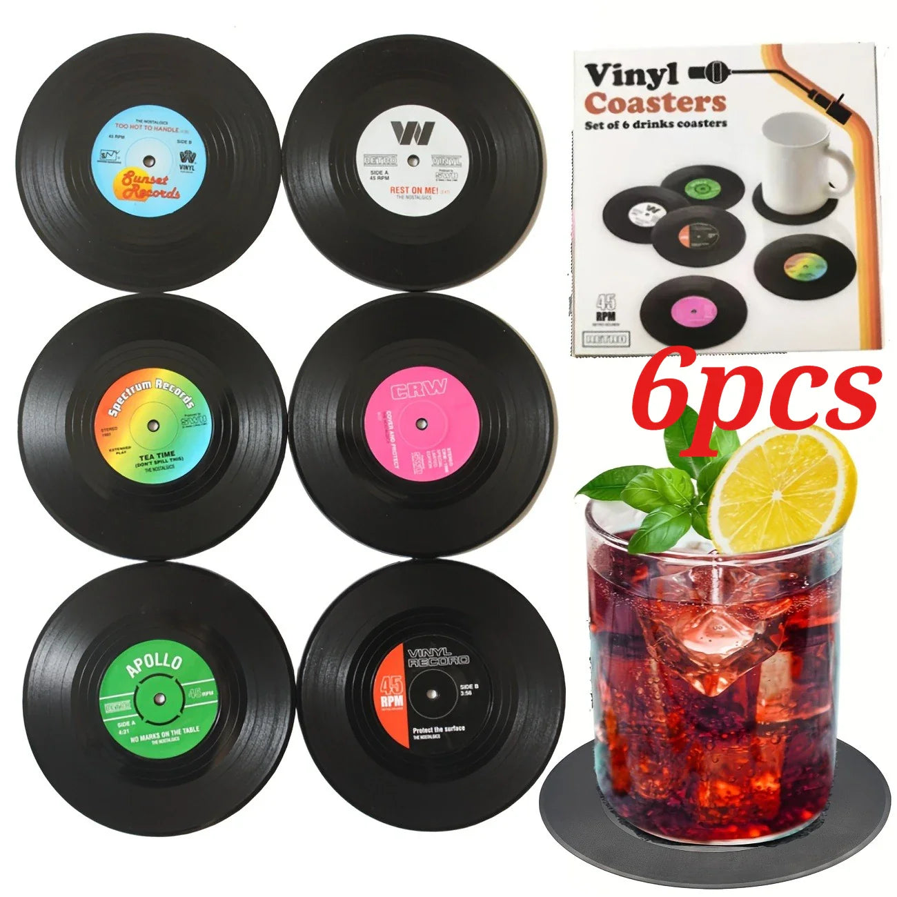 6-Pack Vinyl Record Coasters – Retro Absorbent Table Protectors