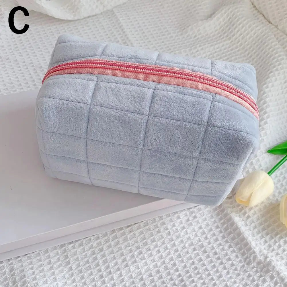 Cute Soft Plush Small Cosmetic Bag Portable Travel Pouch Solid Color Zipper Toiletry Storage Organizer for Women Makeup Bag Peaceful Pleasures Health and Wellness blue