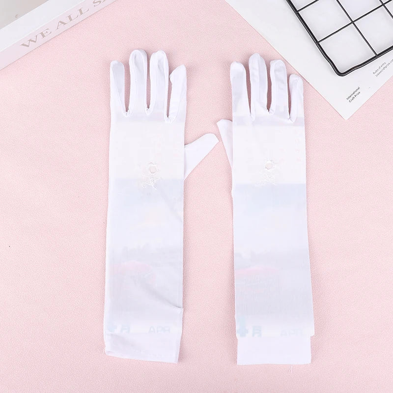 31cm Medium Long Embroidered Gloves Women Sunscreen Driving Gloves Stretch Anti-UV Breathable Glove Spring Summer Thin Gloves Peaceful Pleasures Health and Wellness White