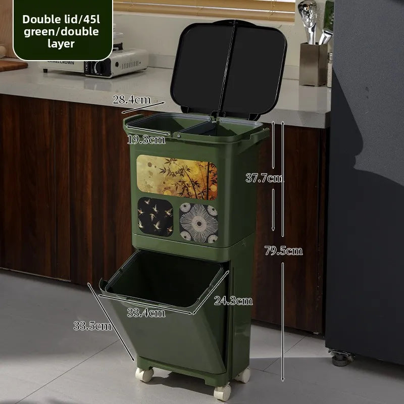 Vintage-Style Kitchen Trash Bin - Large Capacity, No Bending, Double Layer Wet/Dry Separation, Home Essential Peaceful Pleasures Health and Wellness Double 45L Green