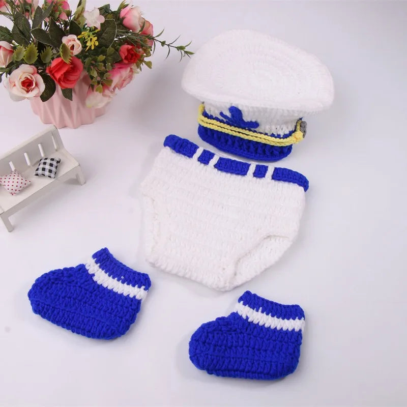 Nautical Police Crochet Costume Set 2/3Pcs - Handmade Sailor Style Newborn Baby Boy Photo Outfit with Hat & Booties (0-3 Months) Peaceful Pleasures Health and Wellness