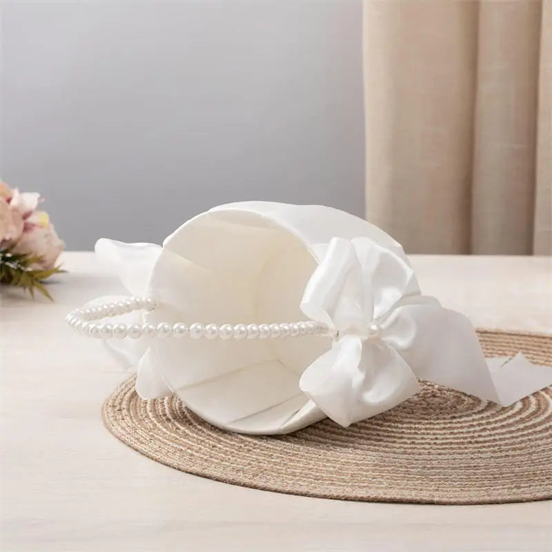 Wedding Flower Basket White Satin Pearl Bowknot Wedding Scattering Flower Basket Foldable Flower Women Pearl Handle Baskets Peaceful Pleasures Health and Wellness