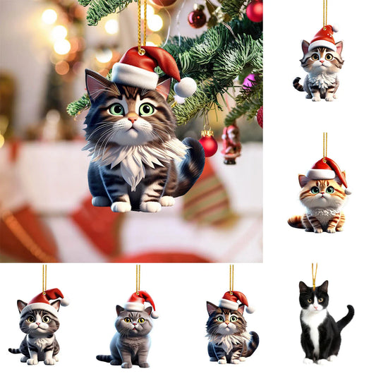 2D Acrylic Funny Cat Christmas Ornament | Santa Hat Pendant Christmas Ornament Oasis Select